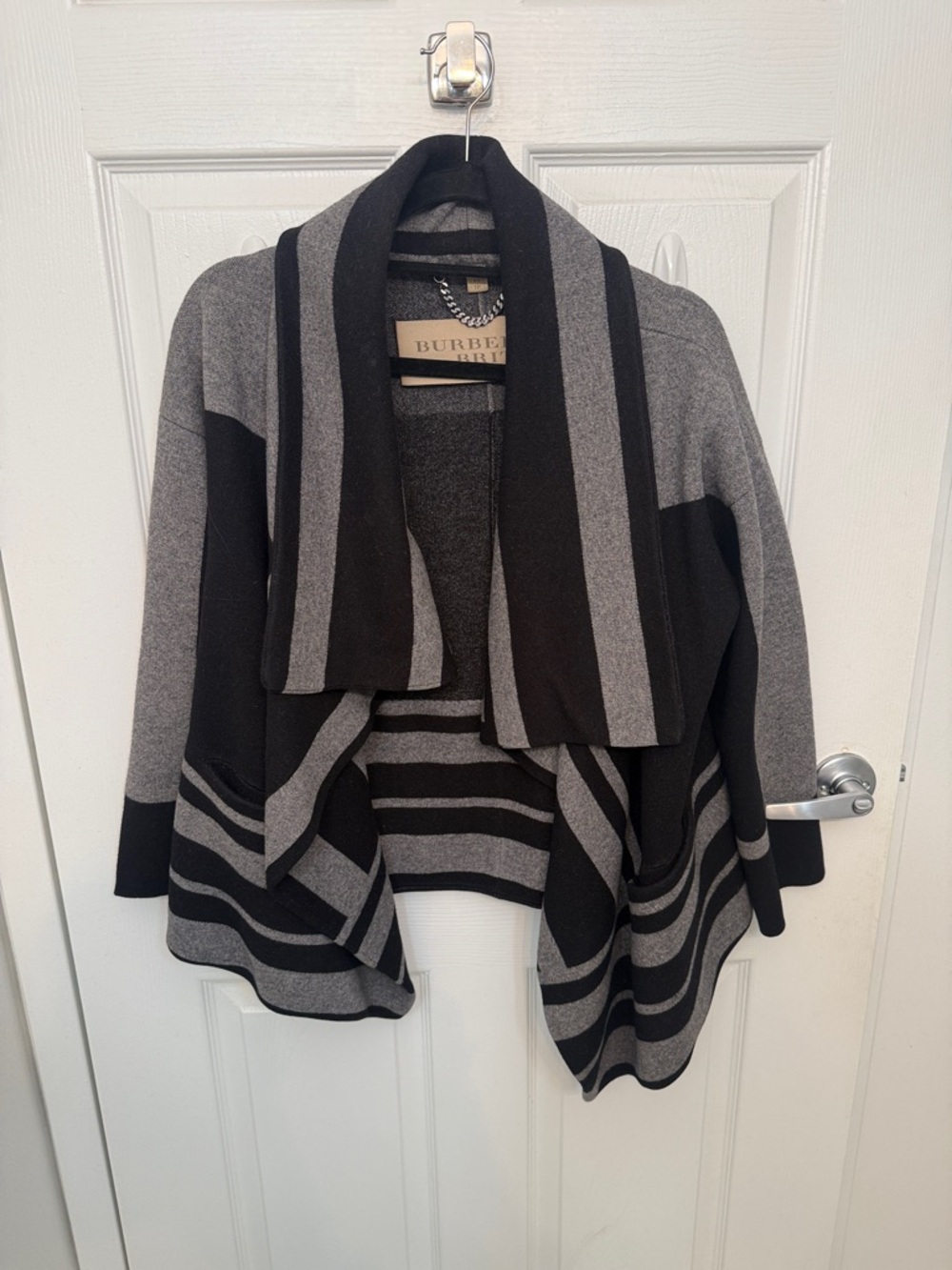 Burberry Black & Gray Striped Draped Knit Cardigan